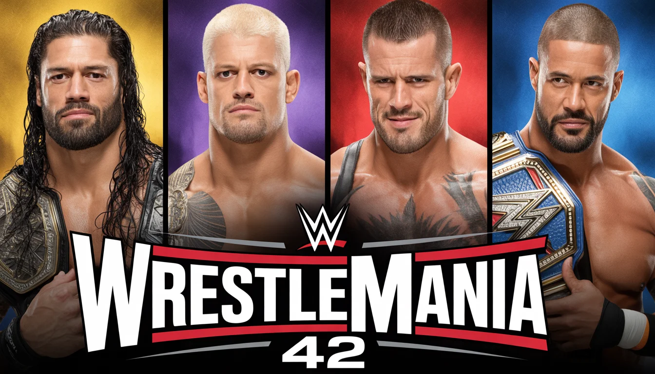 A dramatic collage of Roman Reigns, Cody Rhodes, CM Punk, and The Rock with "WrestleMania 42" text overlay.