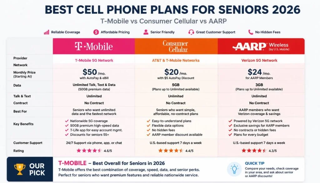 Best Cell Phone Plans for Seniors 2026 — T-Mobile vs Consumer Cellular vs AARP,